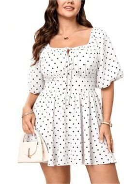 Plus Size Polka Dot Puff Sleeve High Waist Loose Shorts Jumpsuit